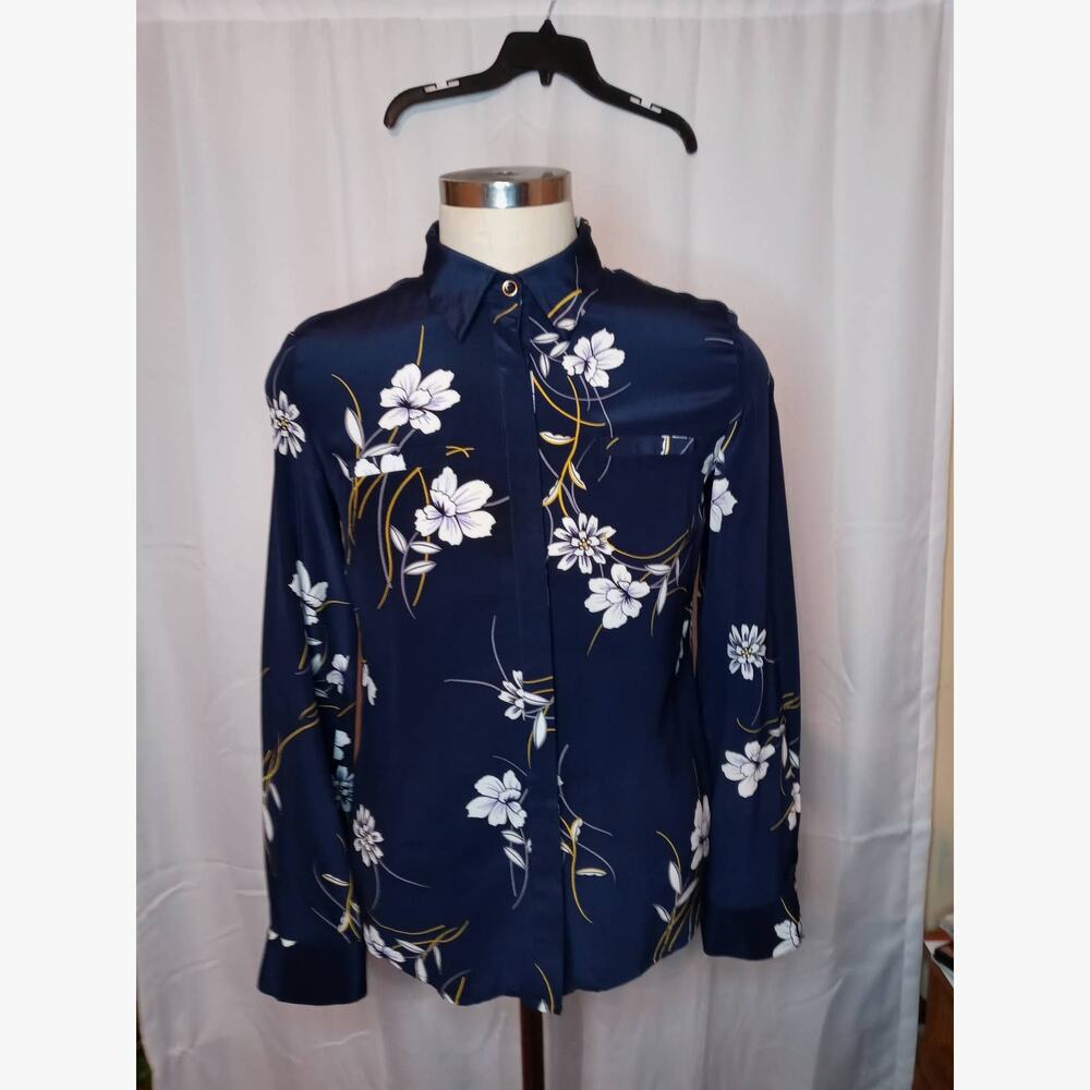 Yumi Kim Floral Button Up Blouse Navy Blue Size L 100% SIlk